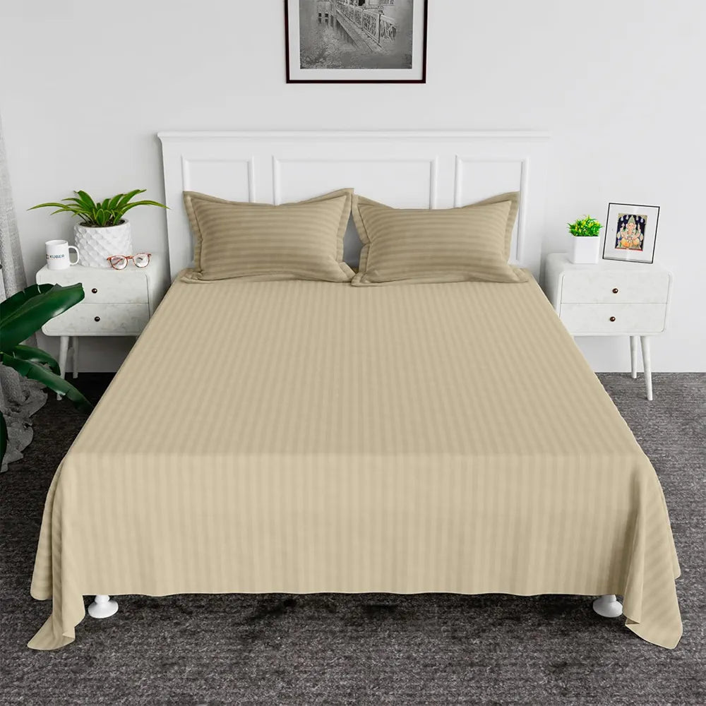 Kuber Industries Double Bedsheet with 2 Pillow Covers | 144 TC Glace Cotton Bedsheet | Satin Striped Bedsheet for Home | Hotel | Bedroom | 90x100 Inch | Cream
