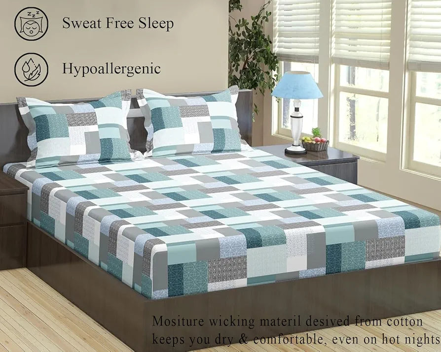 Trance Home Linen 100% Cotton 144TC Elastic Fitted Bedsheet | Printed Single Bed Size Elasticated Fitted Bedsheet with 1 Pillow Cover 