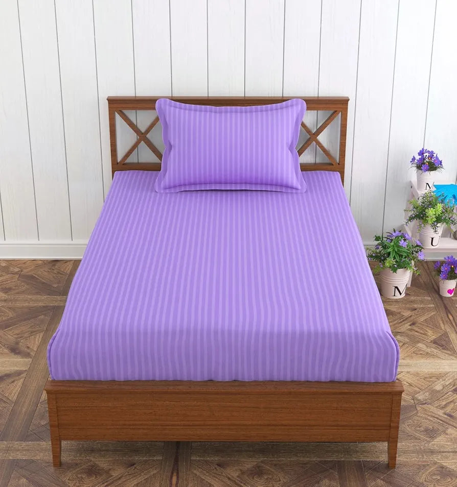 Trance Home Linen 100% Cotton 78x36 inch Single Fitted 200TC Satin Stripe Elastic Fitted Bedsheet | Single Bed Size Daily use Fitted Bedspread with 1 Pillow Covers 