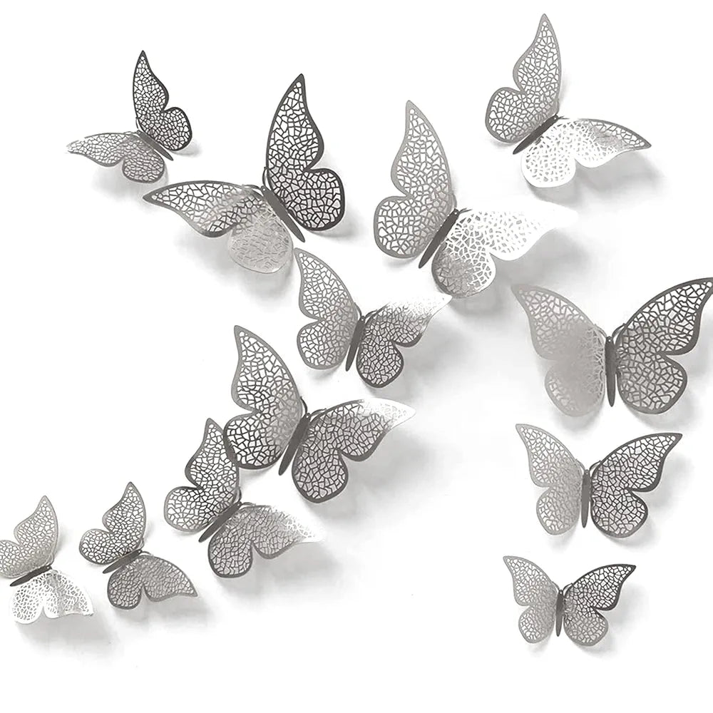 Xtore 12pcs 3D Home Decor Silver Butterfly Beautiful Decor 