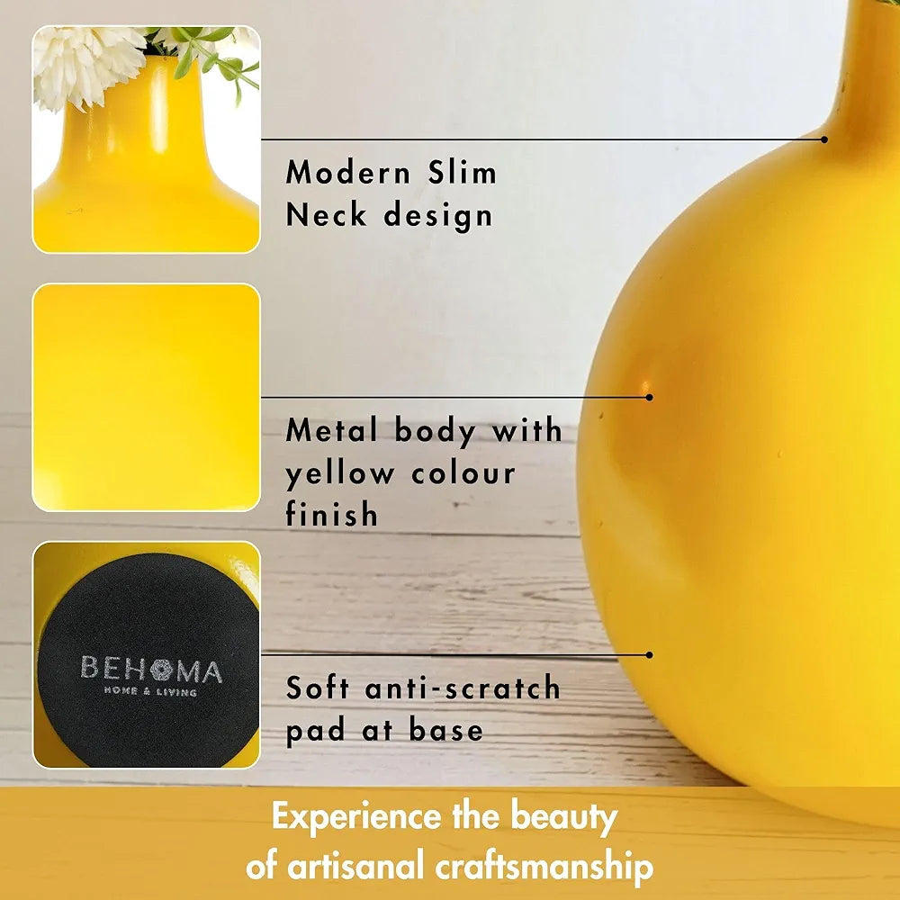 BEHOMA Metal Flower Vase for Home Dcor Living Room Office Wedding| Table Decorative Item for Festivals Birthday Sunshine Yellow 1Pcs 