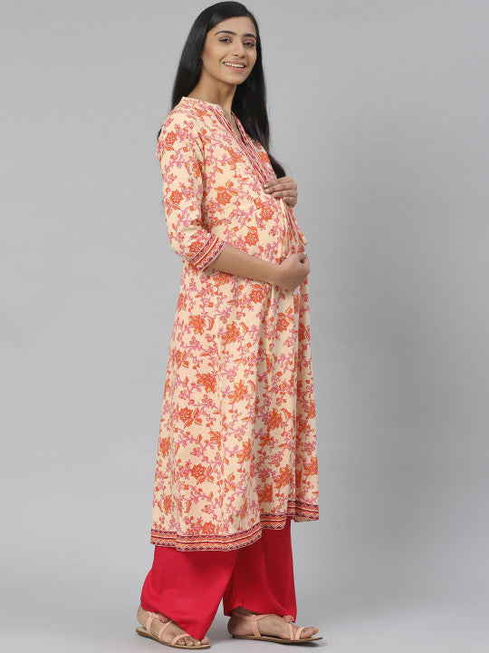 Women Cream-Coloured & Orange Printed Feeding Maternity A-Line Kurta
