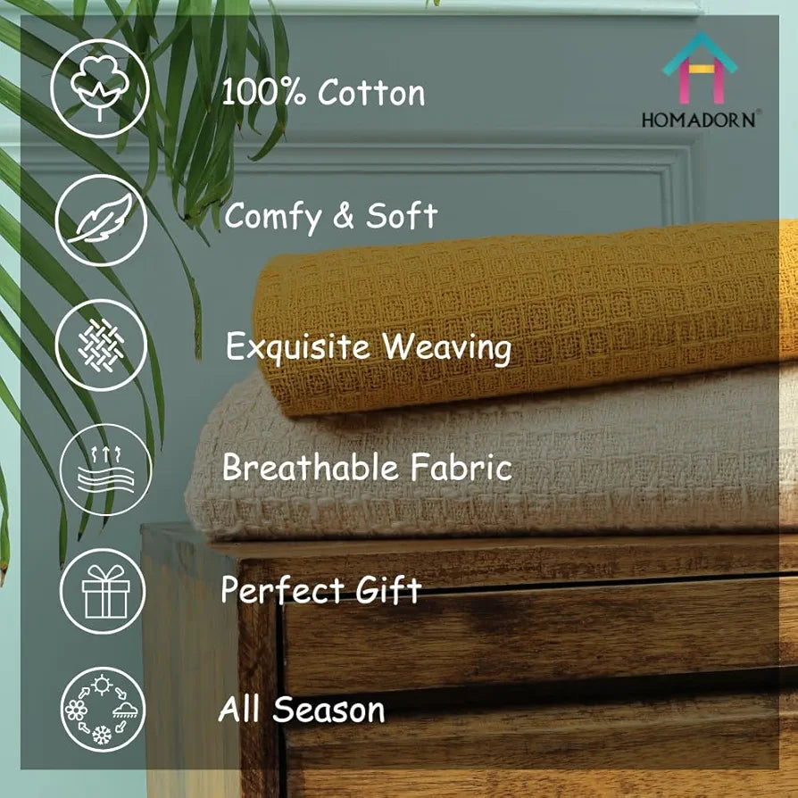 HOMADORN Waffle 100% Cotton Throw Blanket | Throw for Living Room, Sofa, Bed, Chair, Picnic & Used for Gift | | 152x127 Cms Cotton Throws