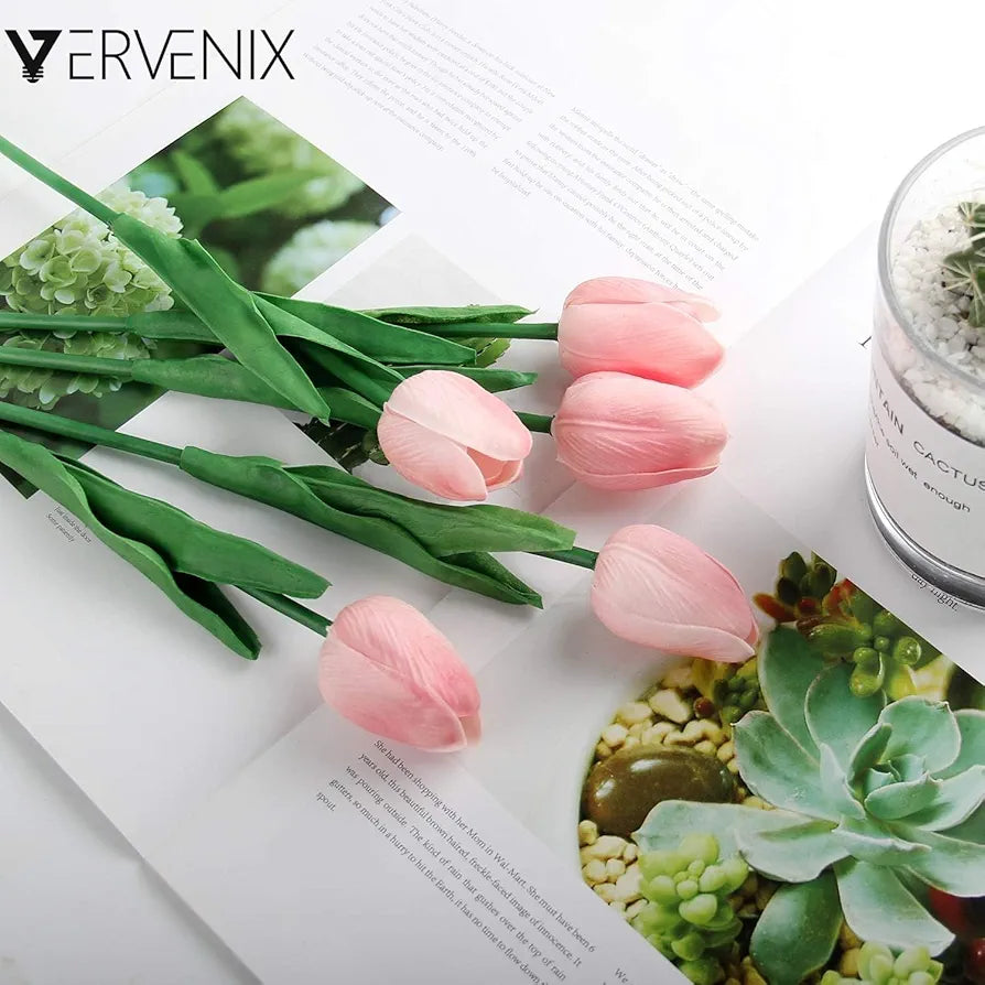 VERVENIX 5 Pcs Artificial Tulip Lily Flowers Bunch – Faux Fabric Flowers for Home Décor, Living Room, Bedroom, Party & Wedding Decoration 