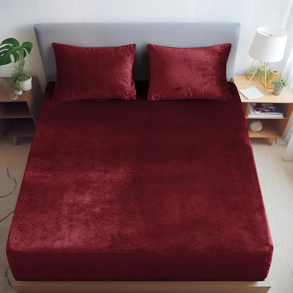 Cloth Fusion 200 TC Warm Winter Elastic Fitted Bedsheet for Double Bed King Size with 2 Pillow Covers, Cozy Woolen Bedsheets for Double Bed 