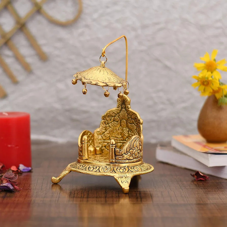 Collectible India Metal Singhasan Oval Shaped for Ganesha Krishna God Idols - Gold Plated Ladoo Gopal Pooja Chowki for Temple Mandir Puja Idol Decoration Items 