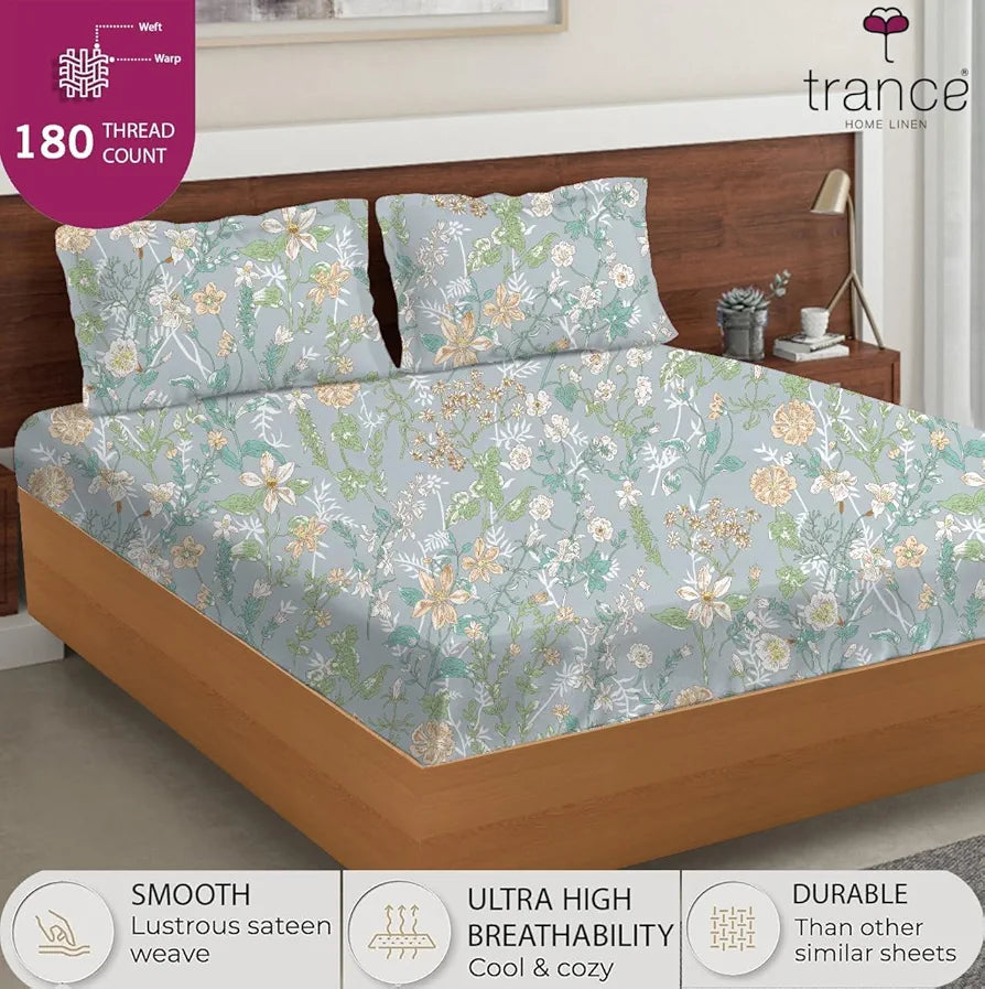Trance Home Linen Premium 100% Cotton Printed Fitted Bedsheet for Single Bed with 1 Pillow Cover - Skin Friendly 180TC 