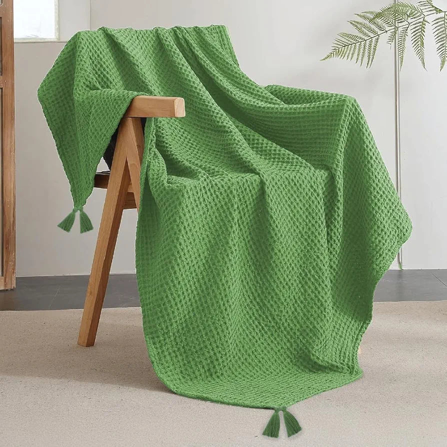 Urban Space 100% Cotton Waffle Throw Blanket, Soft Decorative Throw for Living Room, Sofa, Chair and Couch, Handmade,Reversible and Breathable Throw with Tassels 
