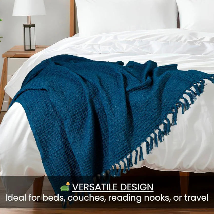 HOMADORN Waffle Weave Cotton Throw Blanket – Lightweight, Breathable & Cozy for Sofa or Bed  Teal Blue