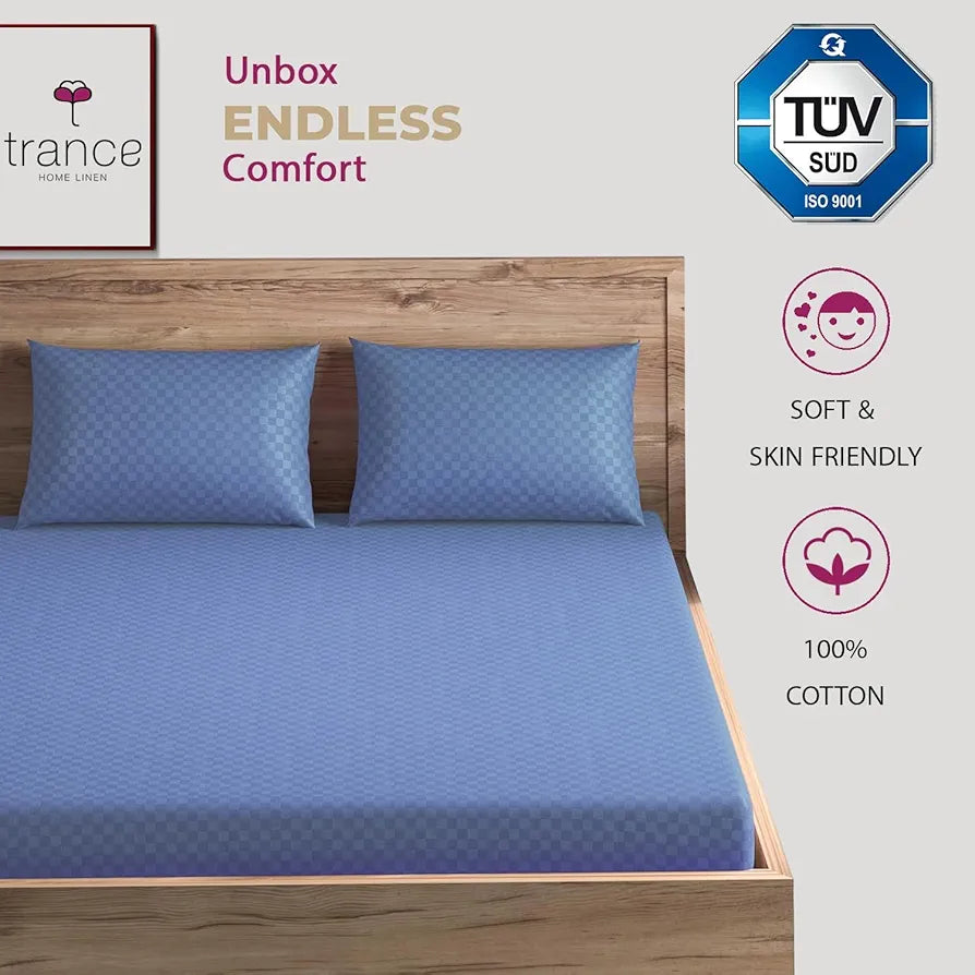Trance Home Linen 300TC Pure 100% Cotton Queen Size Jacquard Weave Fitted Bedsheet with 2 Pillow Covers - 