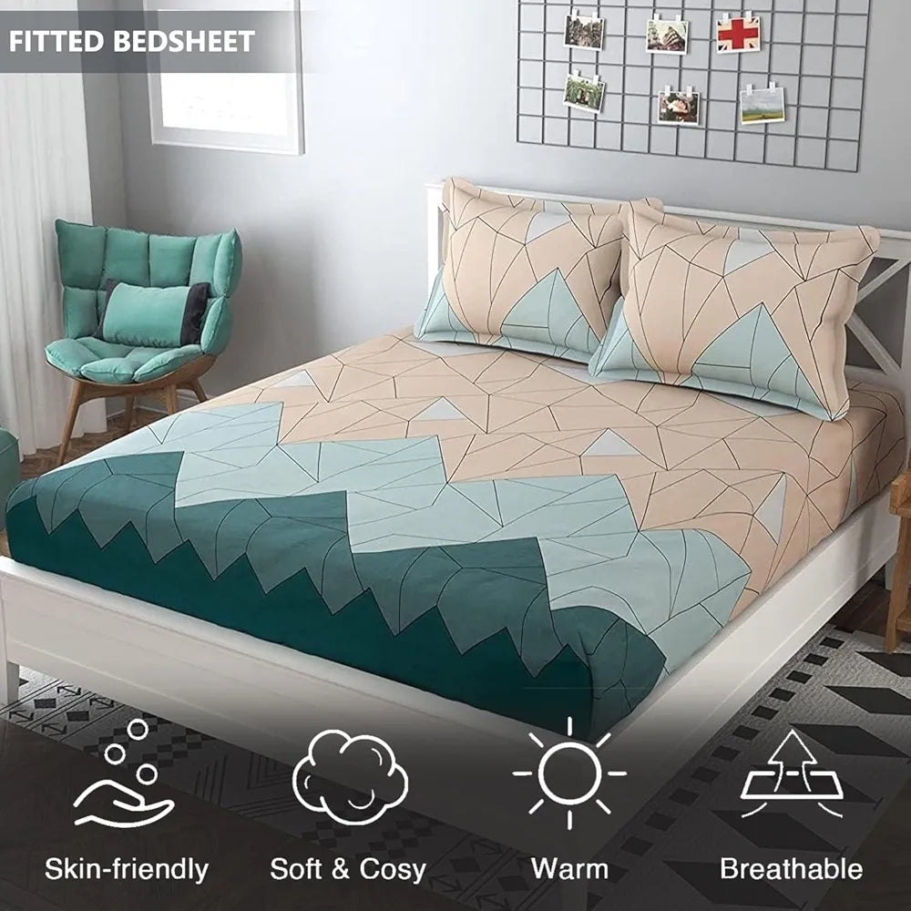 FRESH FROM LOOM Soft Microfiber Fitted Floral Bedsheet King Size Bed With Two Pillow Cover,Elastic Fitted Bed Sheets,Hypoallergenic,Beige Green),144 Tc