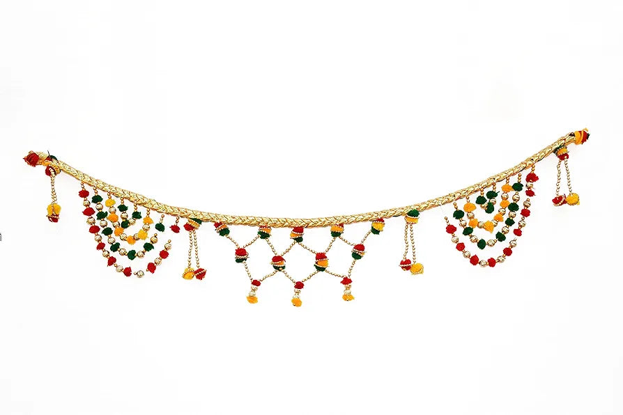 CraftVatika Pom Pom Toranam Hanging Bandhanwar for Door Wall, Handmade Multicolor Golden Beads Toran for Diwali Navratri Onam Festival