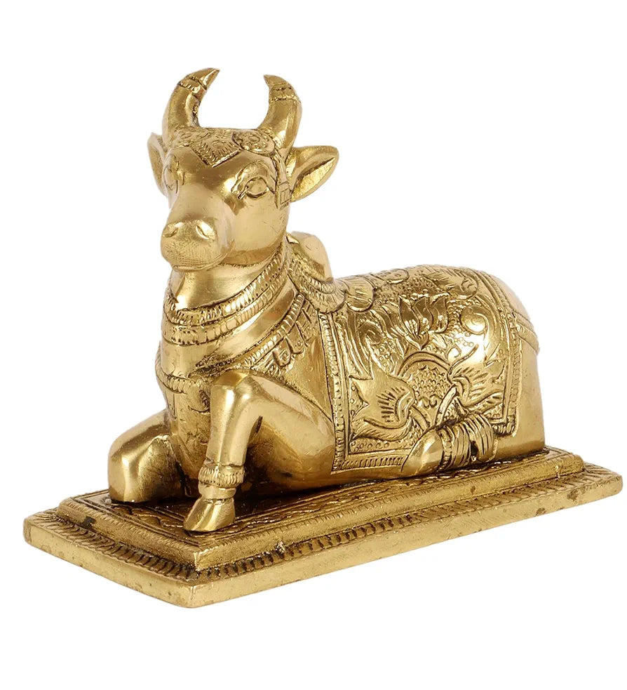 Two Moustaches Lotus Engraved 5 Inches Brass Nandi Cow Over Base, Brass Nandi Idol, Statue for Home/Temple, Nandi Bull Statue, Standard, Pack of 1