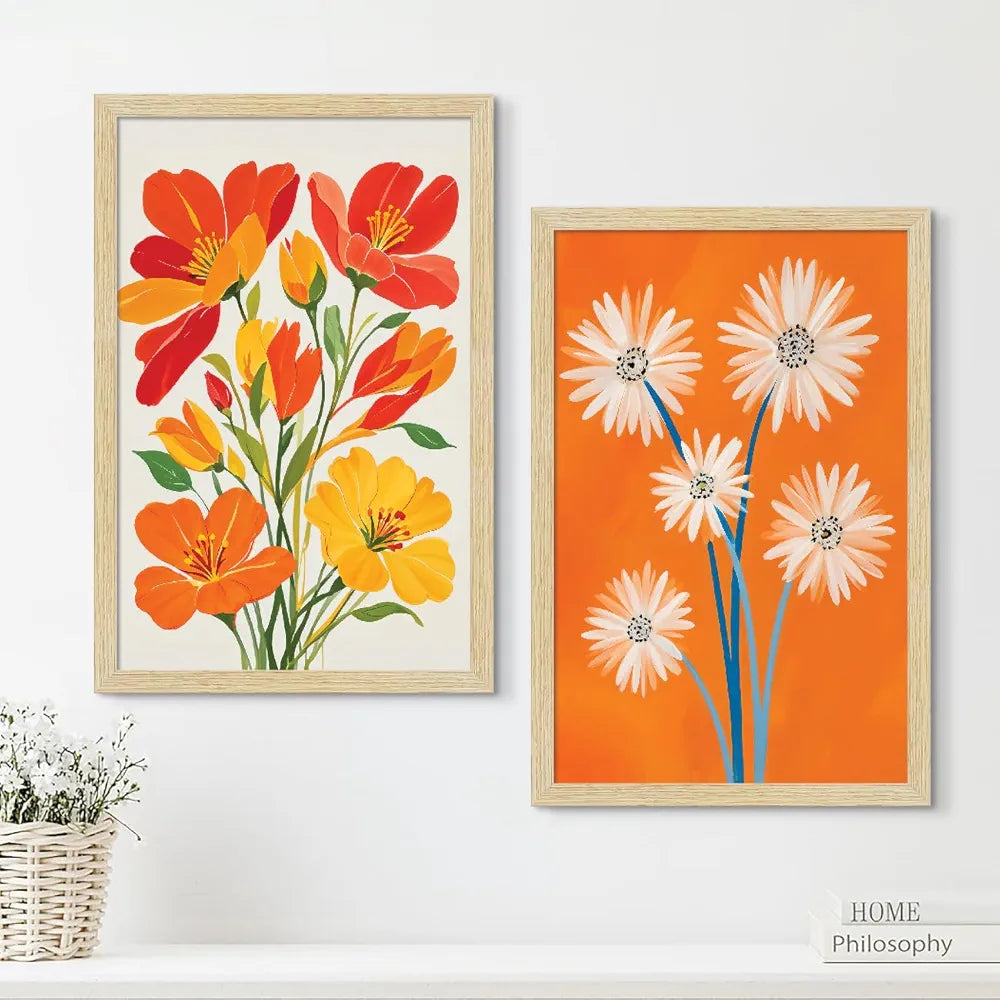 ArtX Paper Floral Art Paintings with Frame for Home Decor, Flowers Wall Painting for Living Room, Multicolor, Natural Wood Color Frames, Set of 2