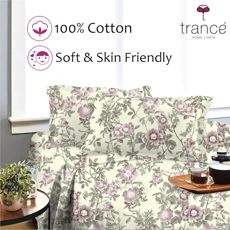 Trance Home Linen Skin Friendly 100% Cotton Printed Fitted Bedsheet for Queen Size Bed with 2 Pillow Cover - Premium 180TC 