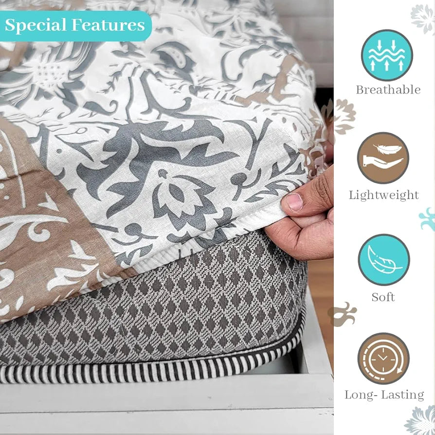 Divine Casa 144 TC 100% Cotton Floral Grey Breathable Bedsheet King Size Bed Cotton Elastic Fitted - 78 x 72 Inches