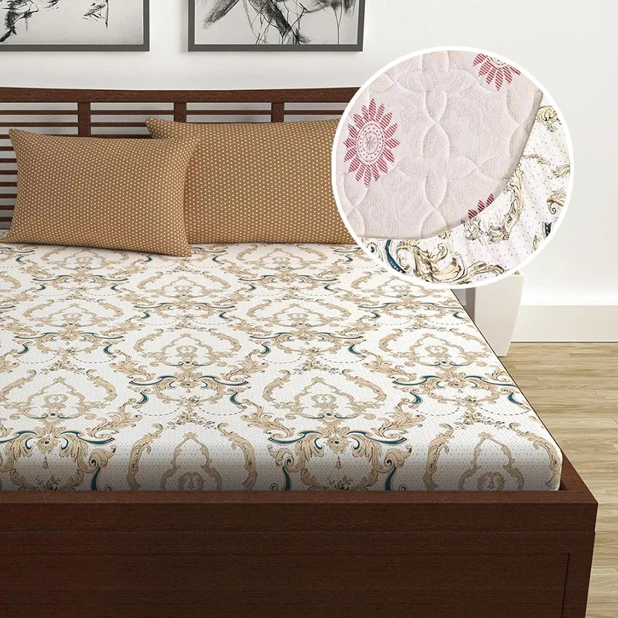 Divine Casa White and Grey Floral Pattern 144 TC 100% Cotton Elastic Fitted Printed Queen Size Double Bed Bedsheet with 2 Pillow Cover for Bedroom