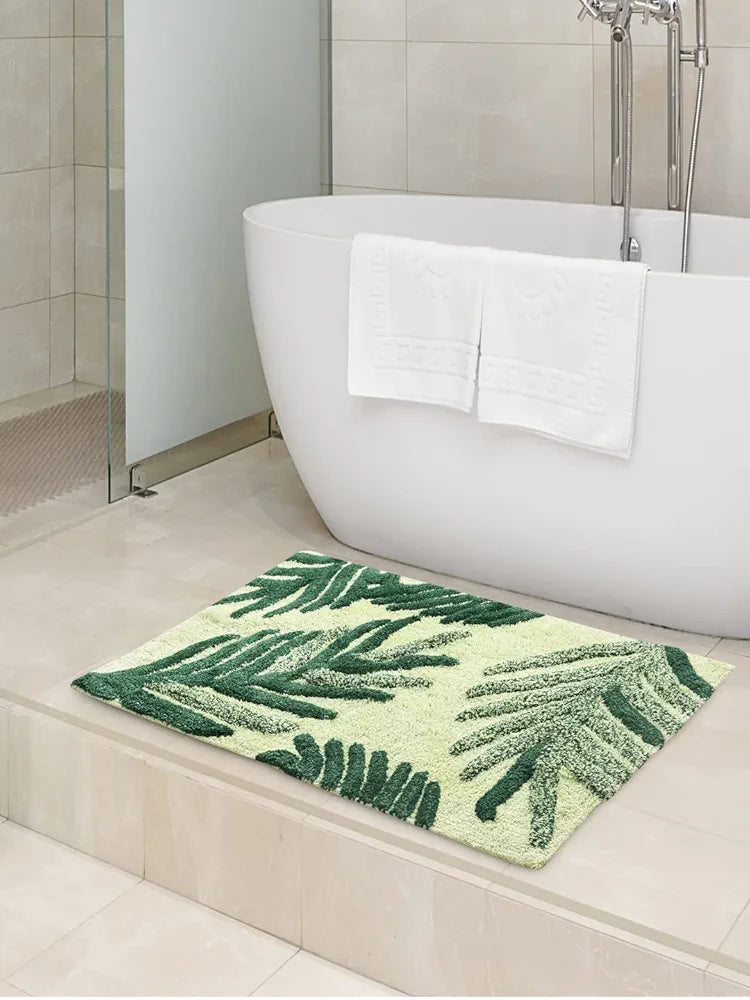 SASHAA WORLD Cotton Leaf Patterned Bathmat | Soft, Absorbent & Cozy | Anti-Skid Latex Backing for Stability | Perfect for Bathroom, Bedroom, Hotels, or Spa | 50x80 cm, Green