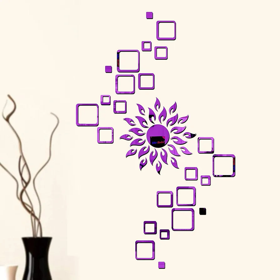 Bikri Kendra Glass Art Bk116, Sun Purple With Square Purple 4 Set - 3D Acrylic Mirror Stickers For Wall-Self-Adhesive