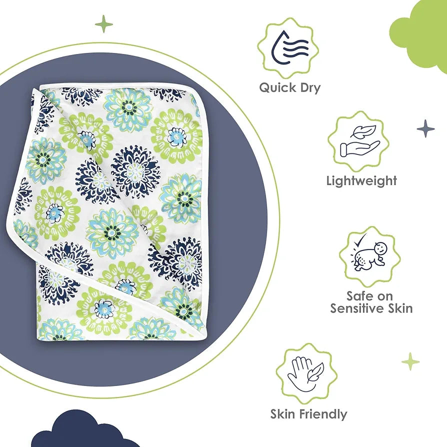 Divine Casa Floret 100% Cotton Single Kids Dohar | 120 GSM | Soft & Lightweight Throw Blanket | Cozy & Breathable Bedding | All-Season Comfort | 140 x 100 CM, Green Blue