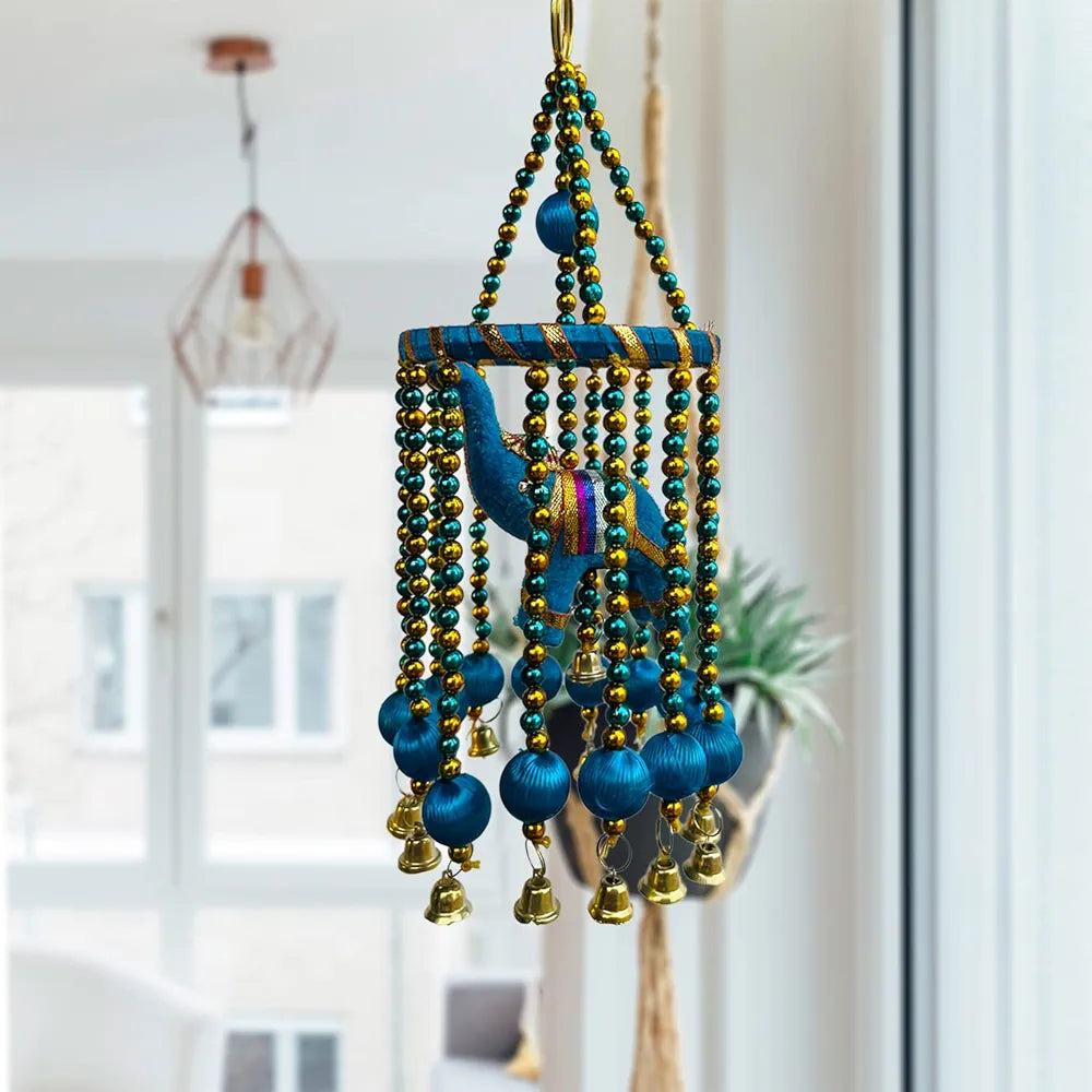 Kuber Industries Rajasthani Traditional Windchimes|Hanging Ring Elephants with Bells|Polyester Handcrafted Latkan|Decorative Door Hanging Latkan 