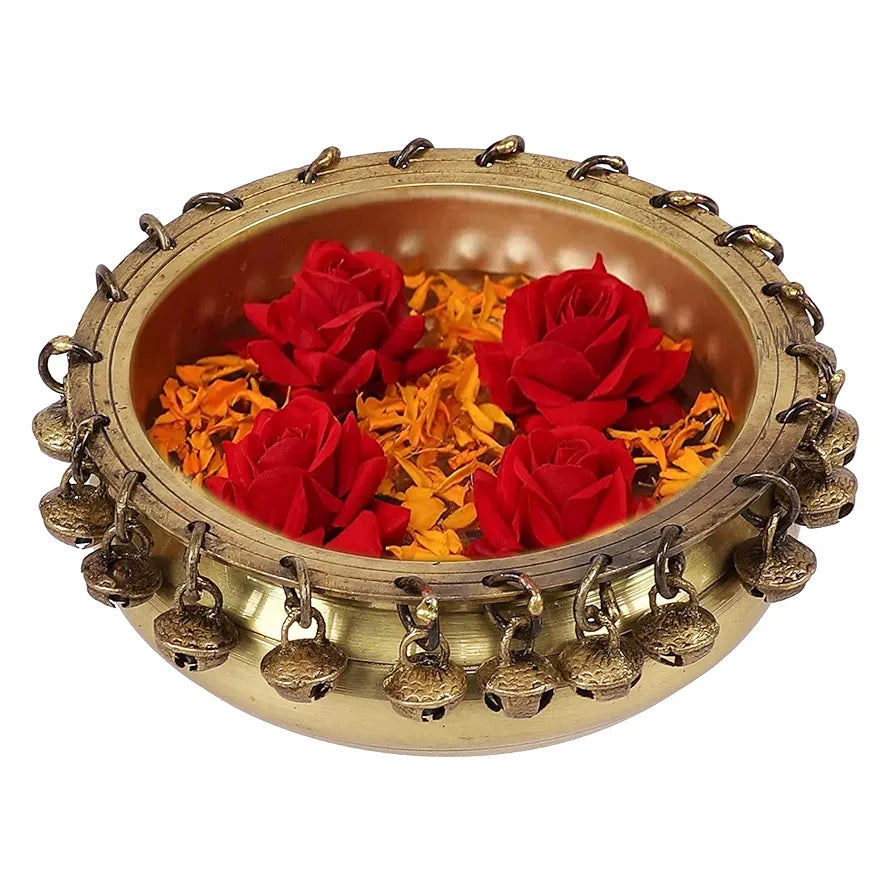 Two Moustaches Ethnic Traditional 6 Inches Brass Urli Bowl with Bells Showpiece, Brass Urli for Decor, Housewarming Gifts, Standard, Pack of 1