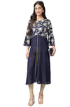 Janasya Women's Navy Blue Georgette Foil Printed A-Line Front Slit Kurta