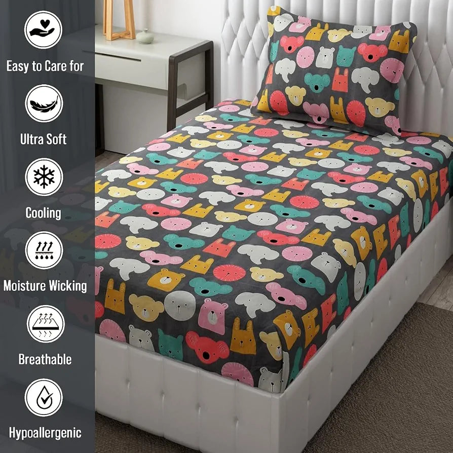 FRESH FROM LOOM Glace Cotton Wrinkle Free Soft Hypoallergenic Bed Sheet | Cartoon Printed Single Bedsheet With One Pillow Cover For Kids , 144 tc