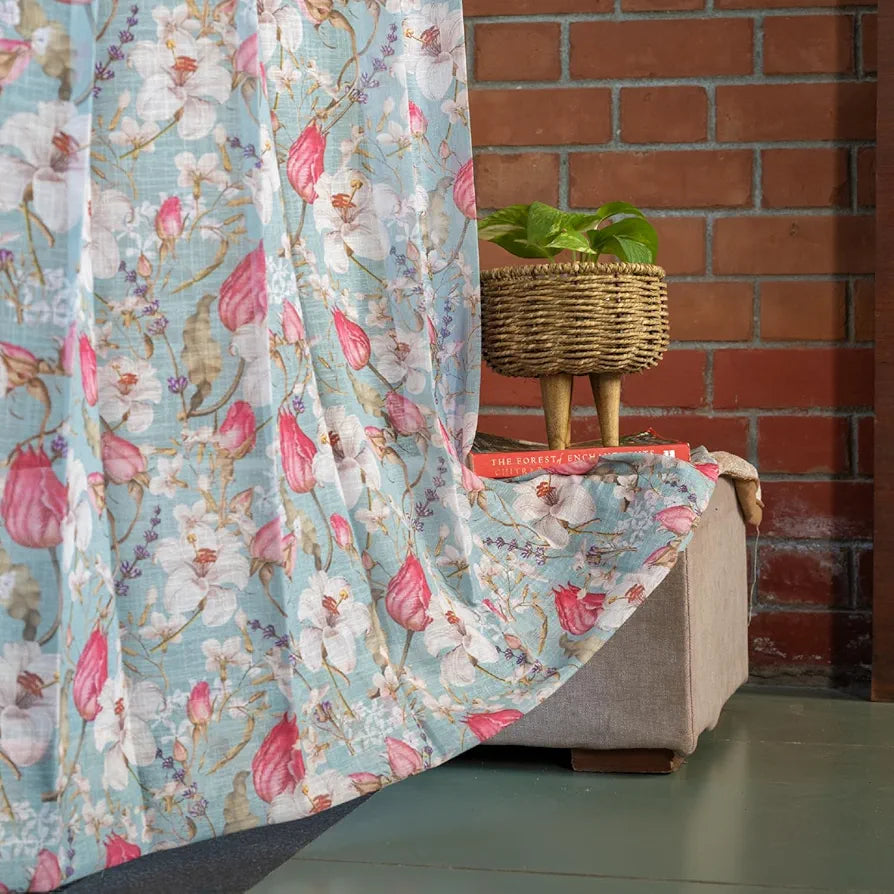 Urban Space Printed Sheer Curtains for Long Door 8 feet, 35-40% Light Filtering Textured Decorative Curtains with Eyelets and TieBack for Living Room, Set of 2 Curtains 