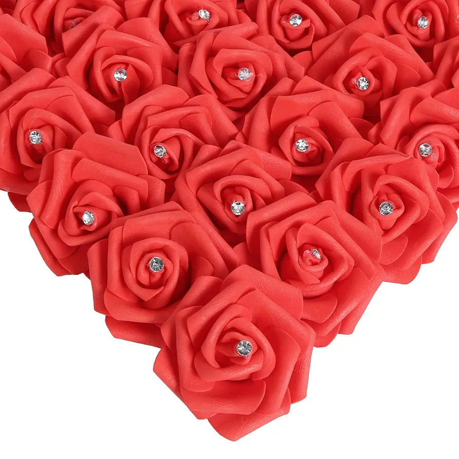 IPOPU 100pcs Red Foam Rose Artificial Flower Bulk with Crystal 3in Real Looking Stemless Fake Roses for DIY Craft Wedding Bouquets Wall Decoration Bridal Shower Arrangement Home Decorations