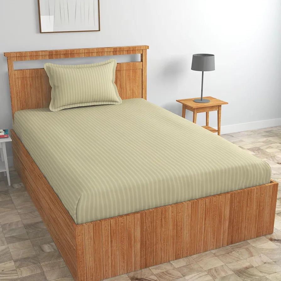 Homefab India 160 TC Stripe Glace Cotton Single BedSheet with 1 Pillow Cover - Ecru