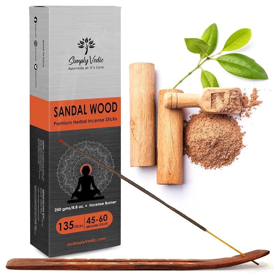 Simply Vedic Sandalwood Incense Sticks 250g  with Free Holder | 45 Min Burn | Natural Charcoal-Free Agarbatti for Meditation, Yoga, Aromatherapy, Relaxation