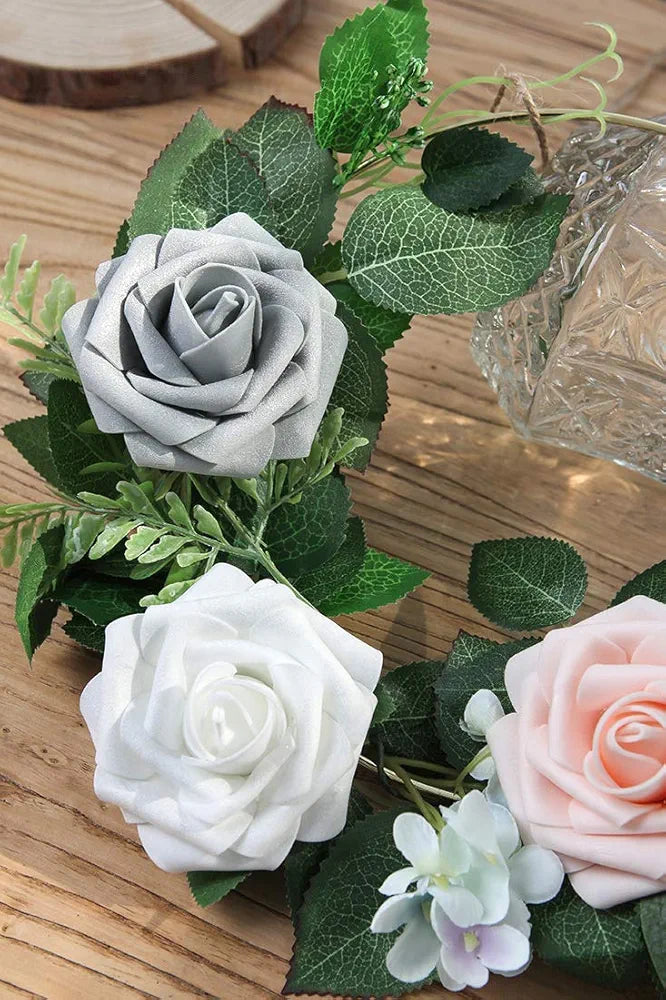 Higfra Artificial Flowers White Roses Real Looking Fake Roses with Stem Leaves for DIY Wedding Bouquets Centerpieces Arrangements Party Baby Shower Home Decorations - White