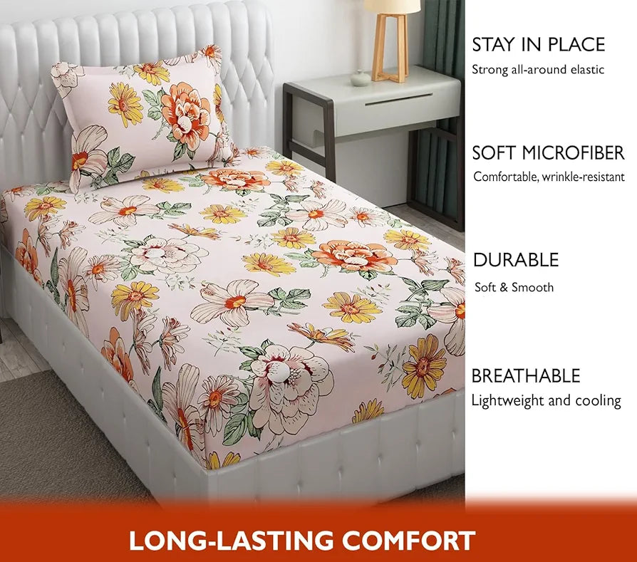 Fresh From Loom Floral Print Microfiber Single Bed Bedsheet Set - Anti Fade, 240 TC, 1 Pillow Covers Included 