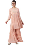 Janasya Women's Peach Georgette Thread Work Kurta with Sharara