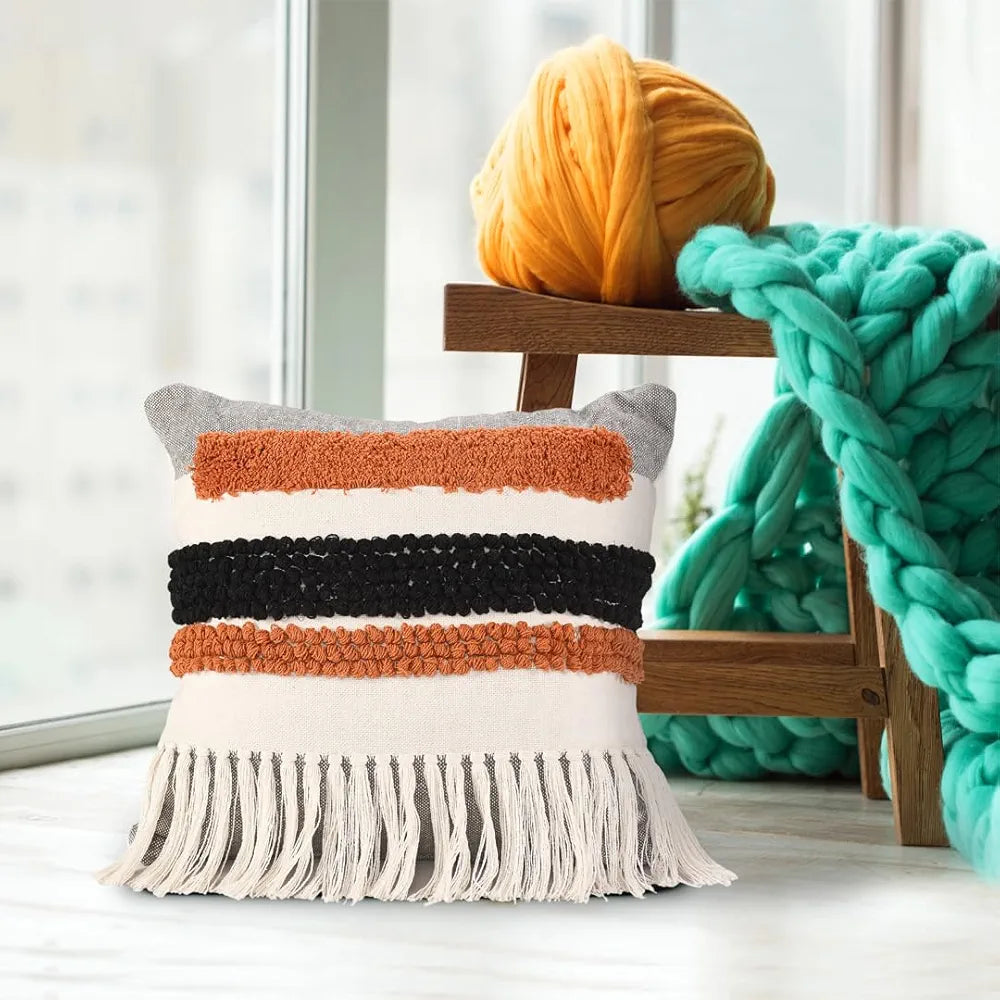 SASHAA WORLD Multi Coloured Taseled and Tufted Cotton Cushion Cover | Decorative Cushion Covers | Pillow Case, Cover | 45X45 Cm