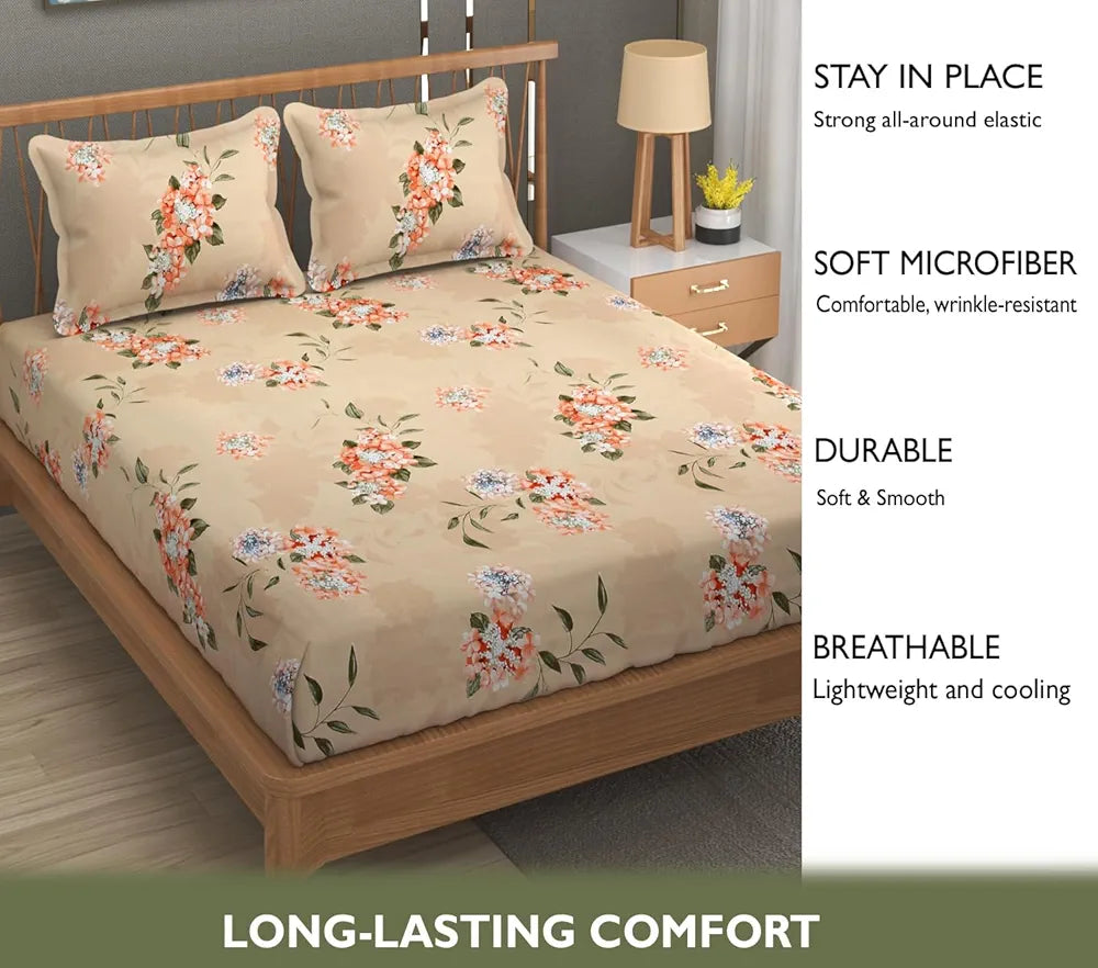 Fresh From Loom Hypoallergenic Floral Print Fitted King Size Bedsheet with 2 Pillow Covers - Microfiber, 240 TC | Beige, Floral Design)