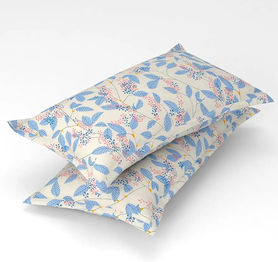 220 TC Premium Cotton Elastic Fitted Bedsheets with 2 Pillow Covers|Double Bed with Corner Elastic Wrinkelfree Supersoft Floral Pattren Breathable |Size-72 x 68 + 6 inches|White & Blue