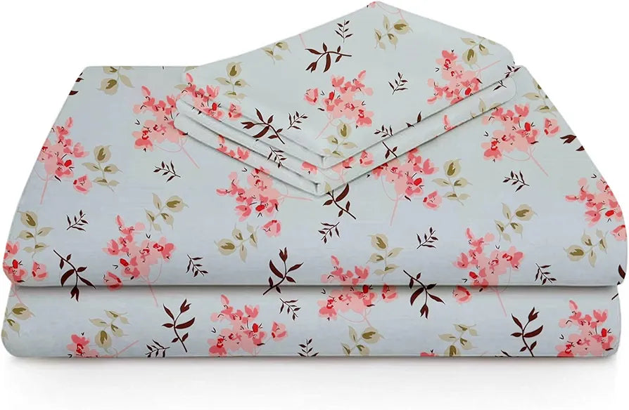 Premium Cotton Elastic Fitted Bedsheets with 2 King Size Pillow Covers Double Bed with All Around Elastic Supersoft Size - 72 x 78 +10 inches Flower Print Sky Blue and Pink 200 tc - 220 tc