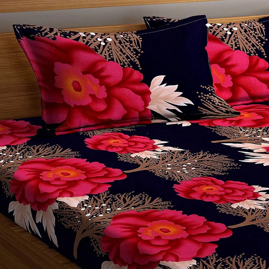 STARNSTYLE Polycotton 220 TC Floral Printed King Size Double Bedsheet with 2 Pillow Covers,  Blue Red