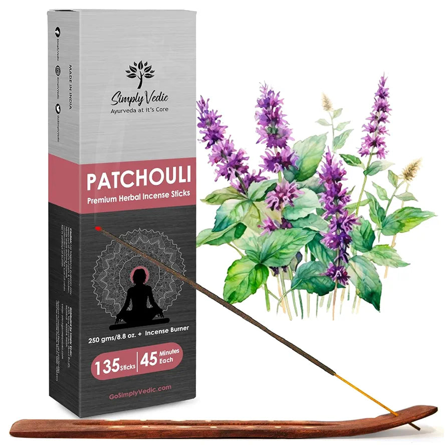 Simply Vedic Patchouli Incense Sticks – 250g Pack  | Charcoal-Free | Natural Essential Oils for Meditation, Yoga, Relaxation, Prayers & Aromatherapy