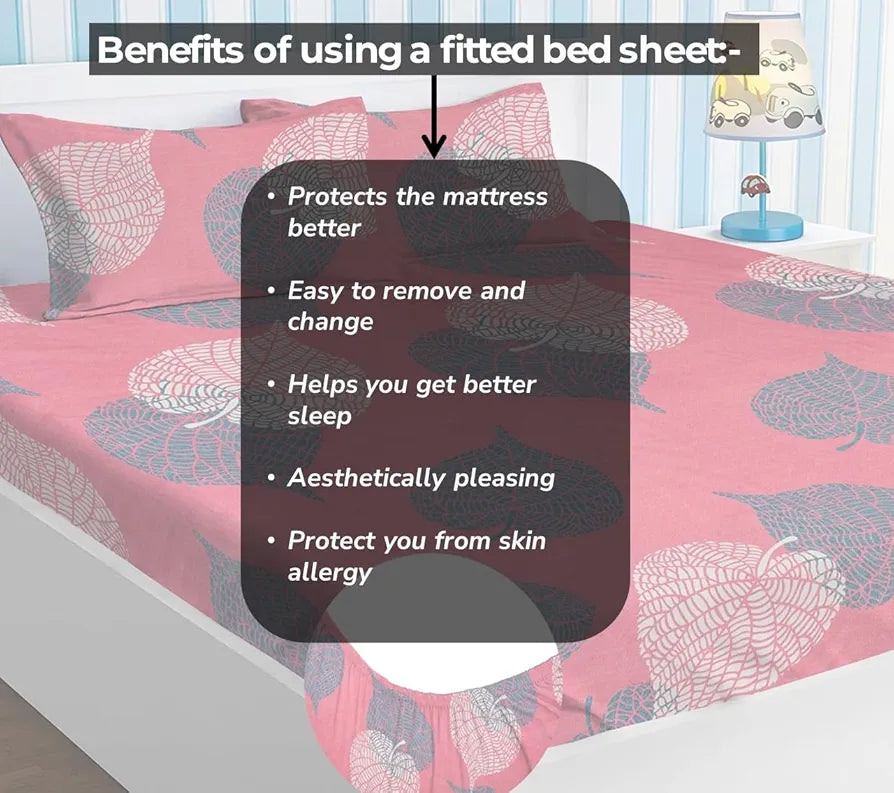 Premium Cotton Elastic Fitted Bedsheets with 2 King Size Pillow Covers Double Bed with All Around Elastic Supersoft Size - 72 x 78 +10 inches Floral Pattren Pink and Grey 200 tc - 220 tc