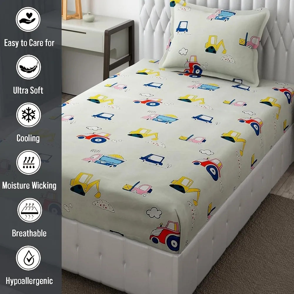 FRESH FROM LOOM Glace Cotton 300 tc Wrinkle Free Soft Hypoallergenic Elastic Fitted Bed Sheet With 1 Pillow Cover|Cartoon Printed |Cream), Smallsingle