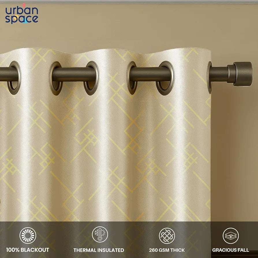 Urban Space Blackout Curtains for Living Room, Gold Foil Printed Luxurious 100% Blackout Decorative Door Curtain Eyelet with Tieback, 1 Piece 