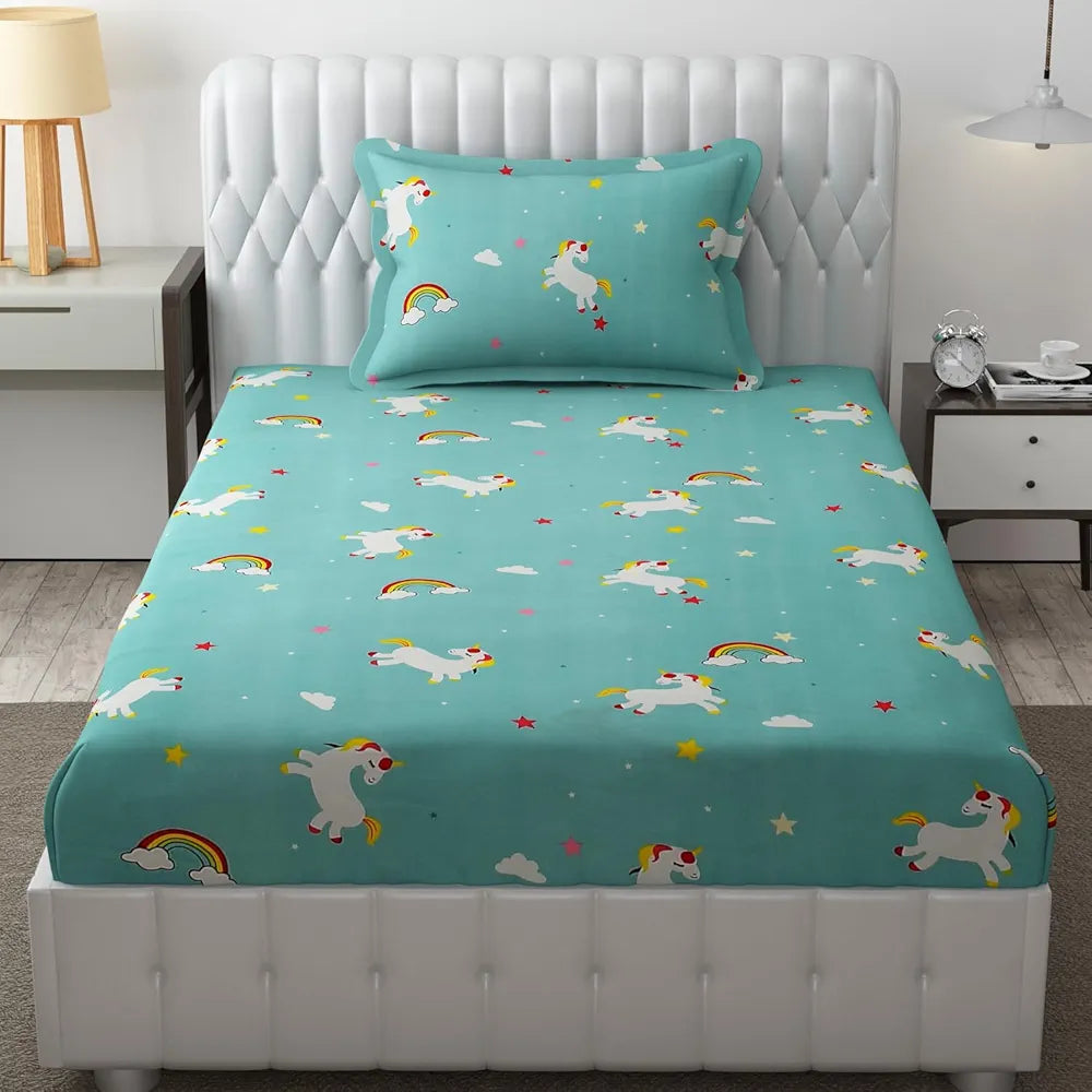 FRESH FROM LOOM Wrinkle Free Glace Cotton Elastic Printed Fitted Single Bed Bedsheet For Kids With One Pillow Cover|Unicorn),Small Single,Blue, 300 TC