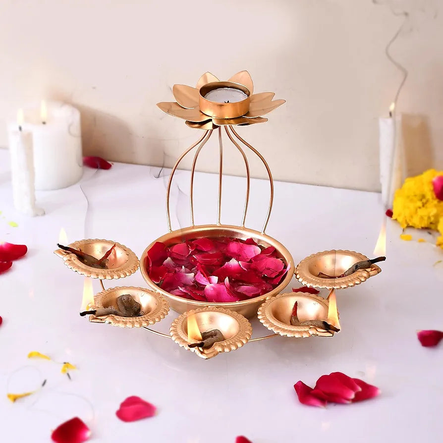 CraftVatika Metal Lotus Tealight Candle Holder for Diwali Decoration Items with Base of Urli Bowl and Diya - Gold , Diwali Gift Items