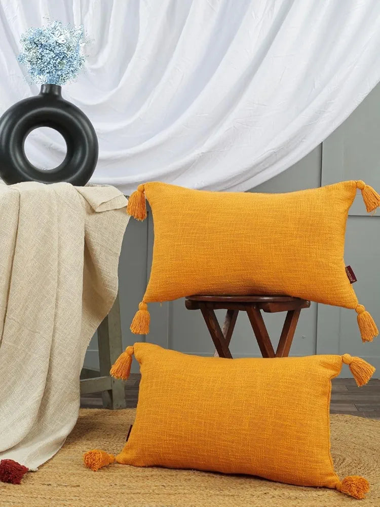 HOMADORN Luxury Cotton Handmade Decorative Boho Throw Pillow Covers with Tassels for Sofa Couch Living Room Indoor Outdoor Chair Car Farmhouse , Mustard )