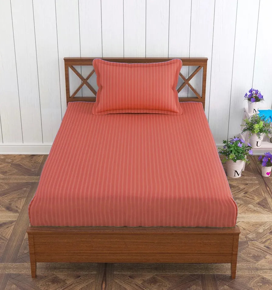 Trance Home Linen 100% Cotton 78x36 inch Single Fitted 200TC Satin Stripe Elastic Fitted Bedsheet | Single Bed Size Daily use Fitted Bedspread with 1 Pillow Covers 