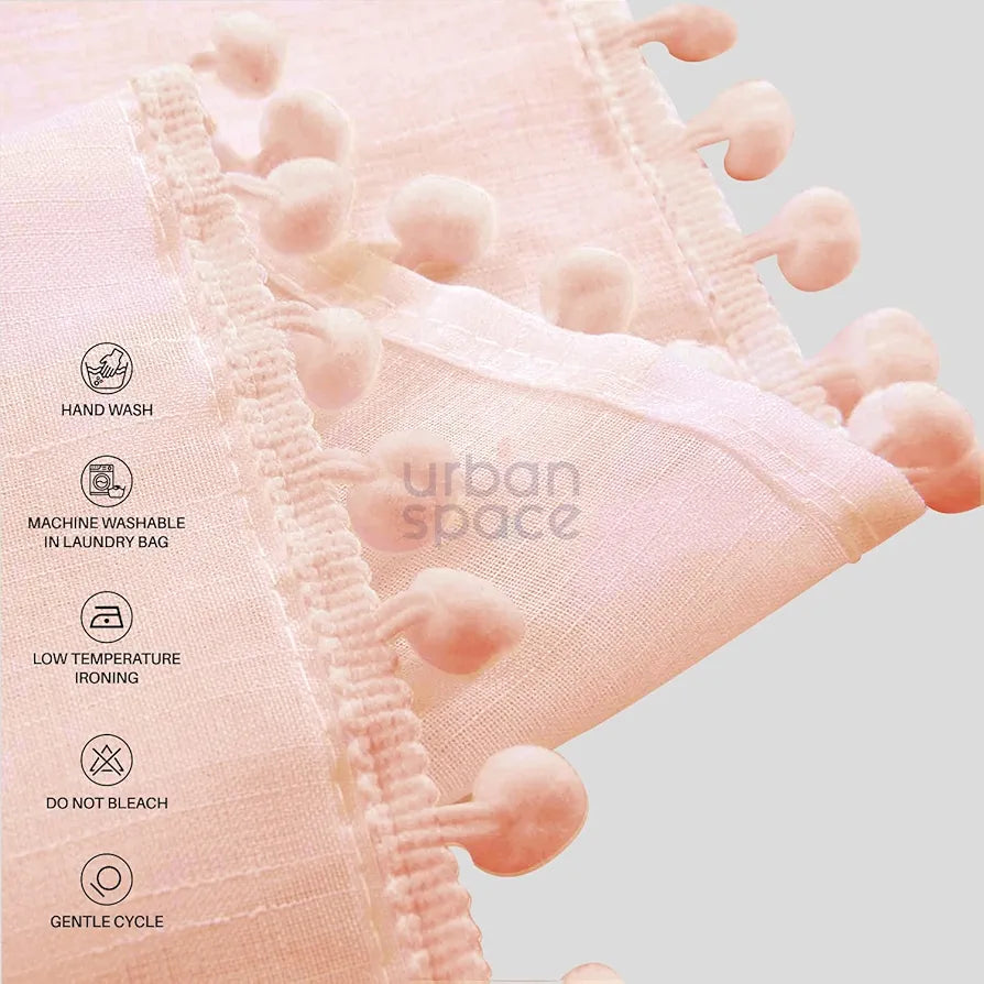 Urban Space Linen Textured Sheer Curtain for Door Living Room,Readymade Curtain with Rod Pocket, Set of 2 Decorative Curtains - Blush Pink with Pom pom 