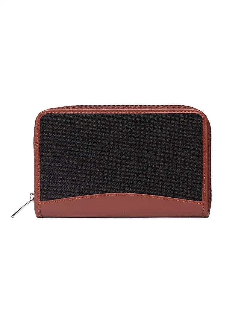 ZOUK Wallets for Women - Handmade Wallets for Females - Vegan Leather and Jute Purse for Ladies - Clutch with Indian Print - Wallets for Mobile Phones - Jet Black Print